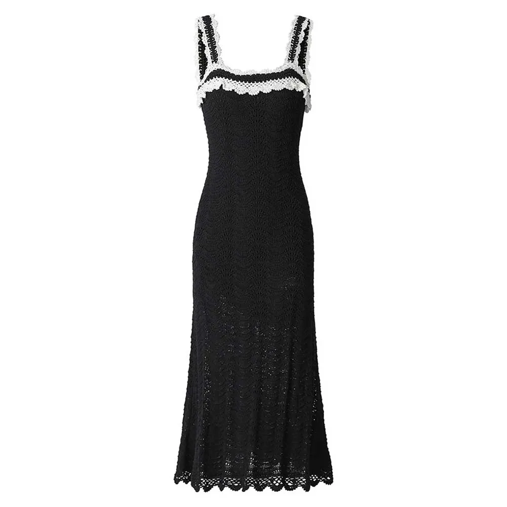 Square Neck Midi Black Dress Body-Con Slim Fit Chic A-Line Cocktail Dress