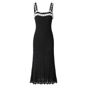 Square Neck Midi Black Dress Body-Con Slim Fit Chic A-Line Cocktail Dress