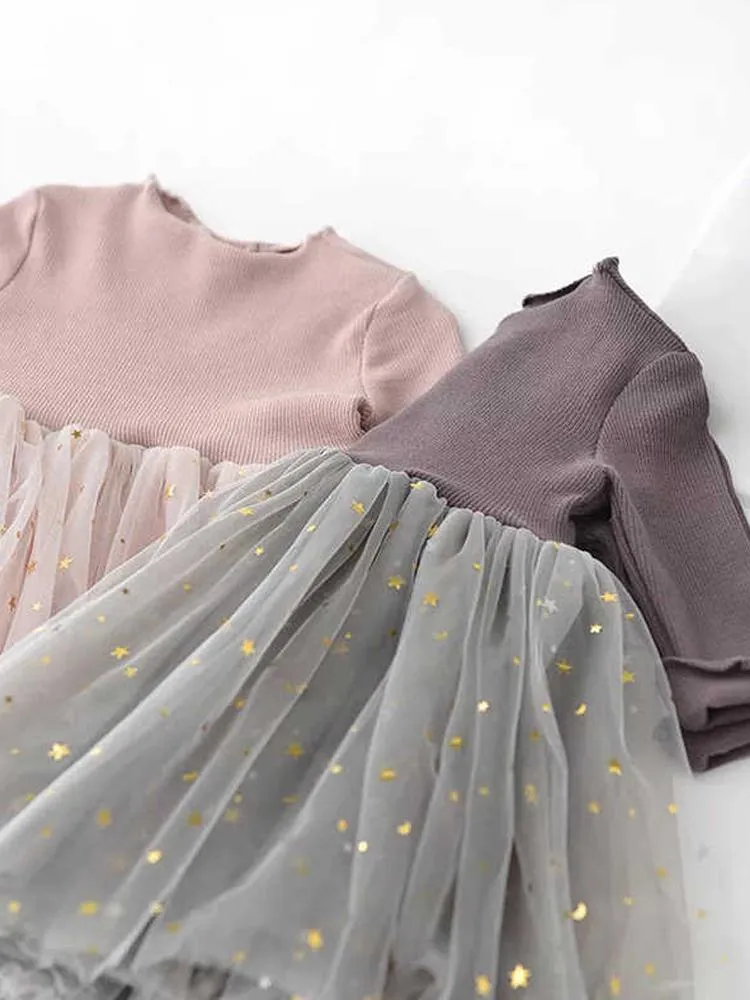 Starlight Little Girls Mocha Grey Party Dress with Tulle & Gold Effects Skirt 6M to 3 Y