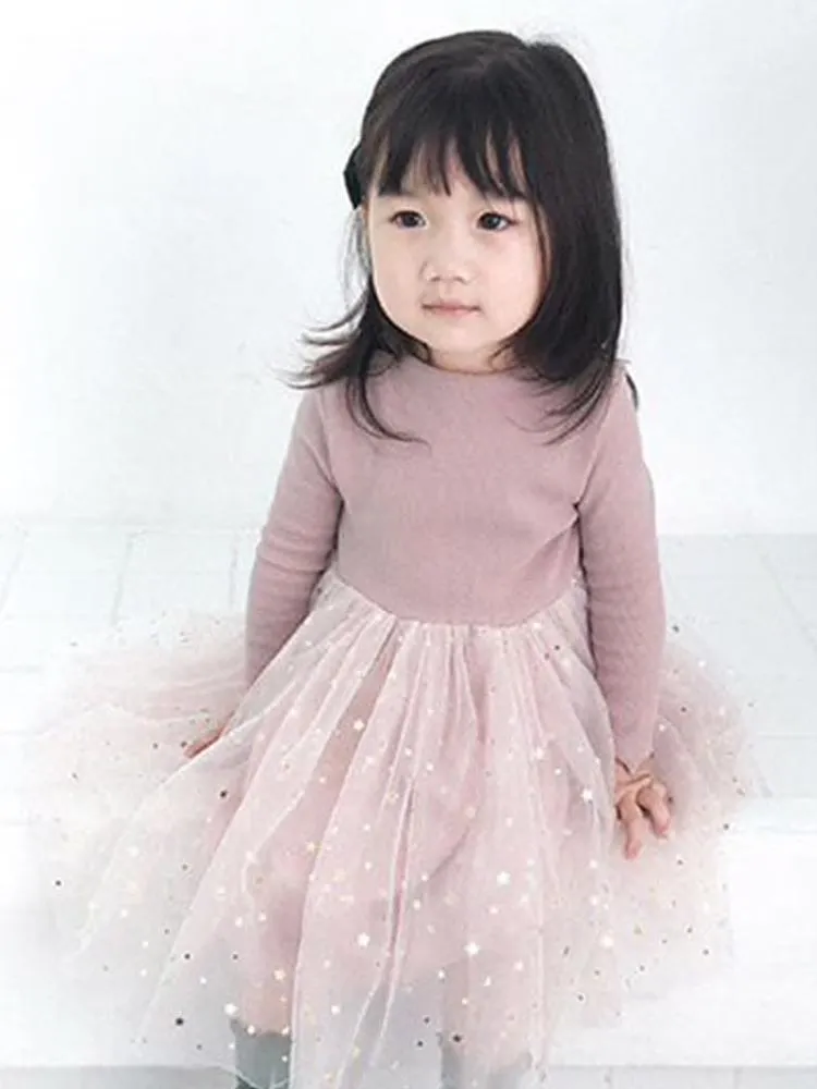 Starlight Little Girls Mocha Grey Party Dress with Tulle & Gold Effects Skirt 6M to 3 Y