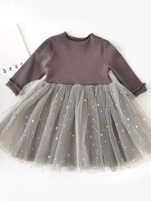 Starlight Little Girls Mocha Grey Party Dress with Tulle & Gold Effects Skirt 6M to 3 Y