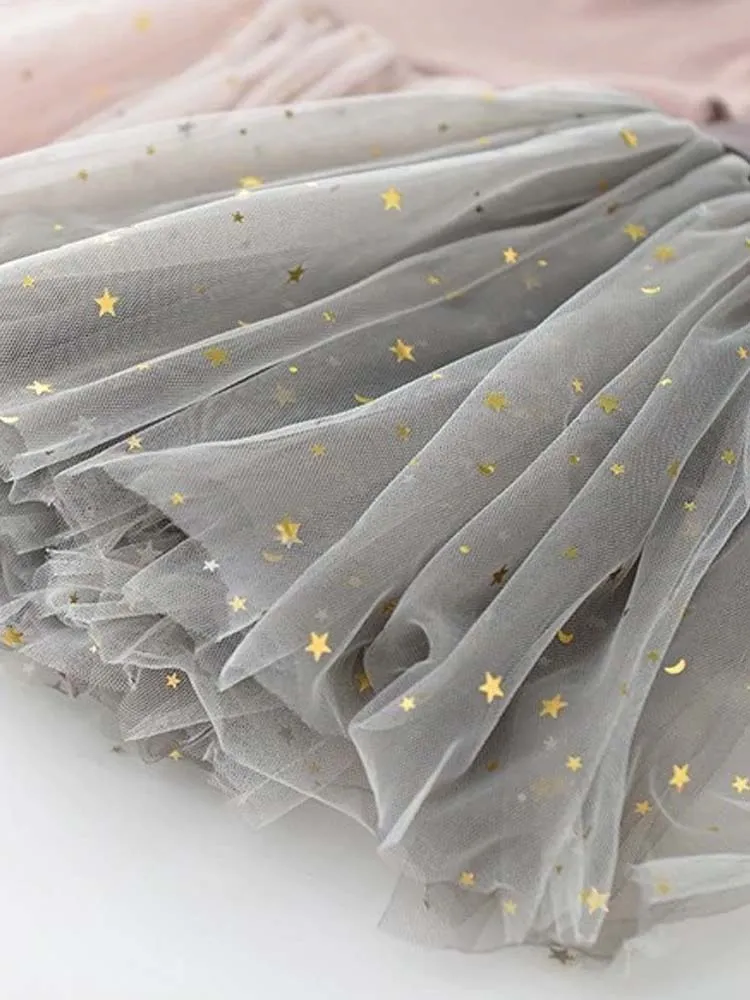 Starlight Little Girls Mocha Grey Party Dress with Tulle & Gold Effects Skirt 6M to 3 Y