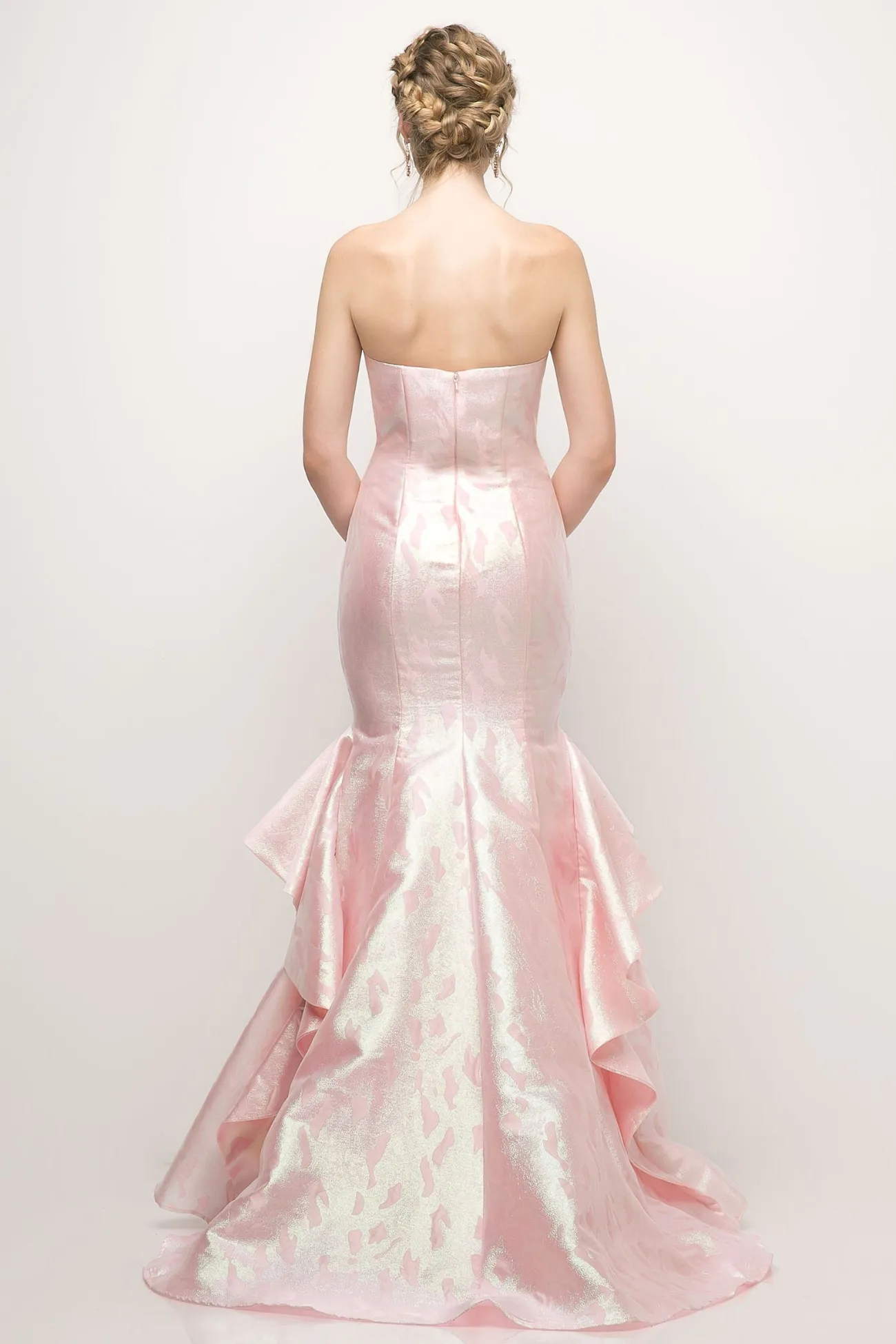 Strapless Jacquard Layered Mermaid Gown With V-Neckline and Train