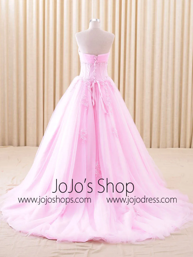 Strapless Pink Lace Ball Gown Wedding Dress | RSRS6805