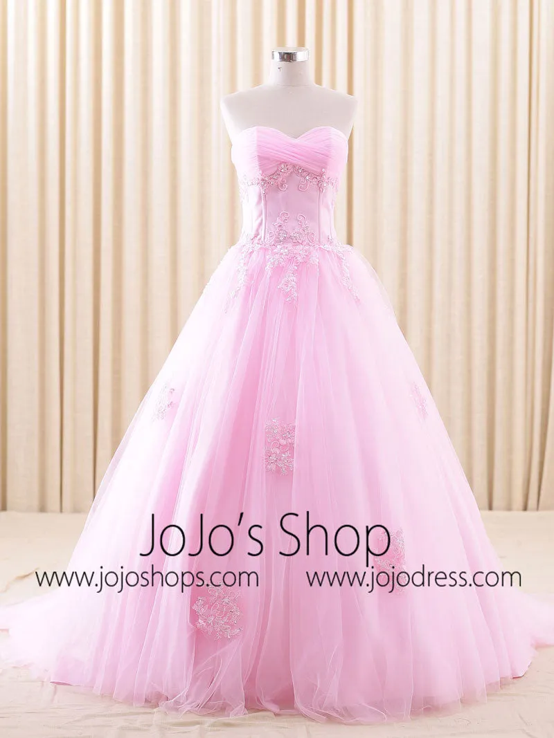 Strapless Pink Lace Ball Gown Wedding Dress | RSRS6805