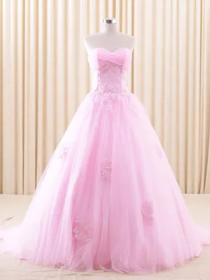 Strapless Pink Lace Ball Gown Wedding Dress | RSRS6805