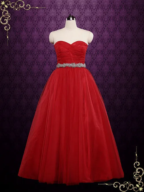 Strapless Red Tulle Ball Gown Wedding Dress | CINDY