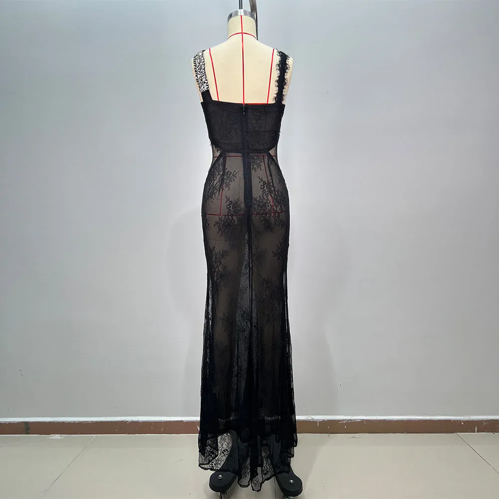 Strappy Sleeveless Lace Maxi Bodycon Dress HT12021
