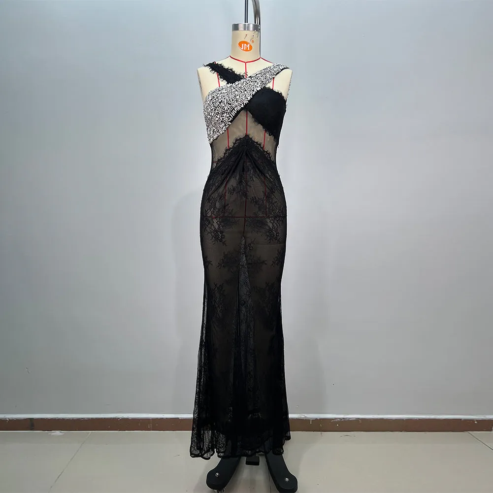 Strappy Sleeveless Lace Maxi Bodycon Dress HT12021