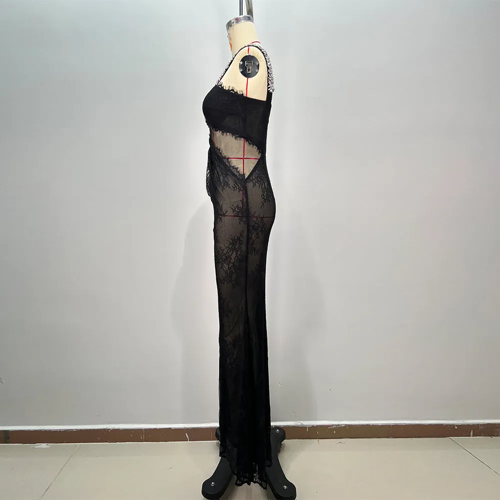 Strappy Sleeveless Lace Maxi Bodycon Dress HT12021