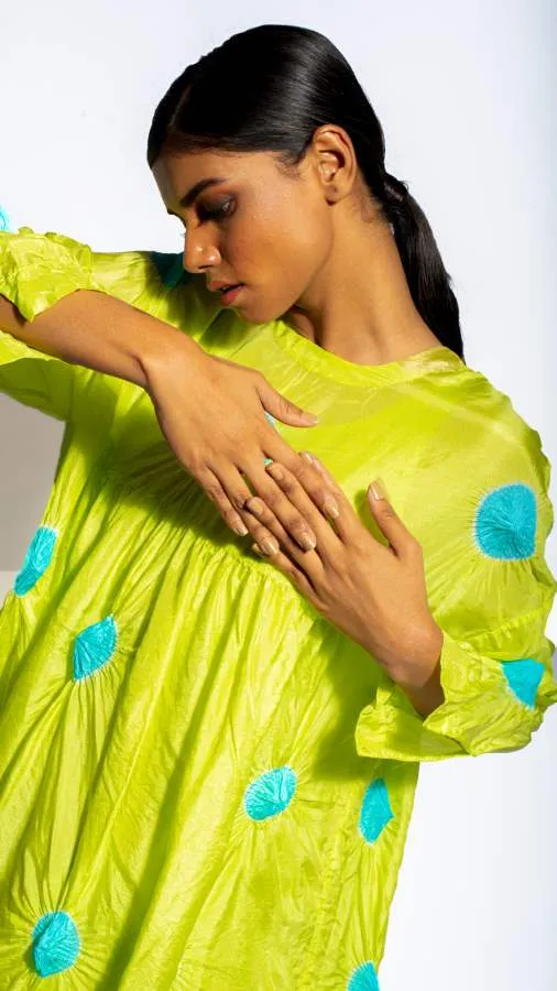 Studio Medium   I   Silk Tie-Dye Polka Dress Lime Acqua