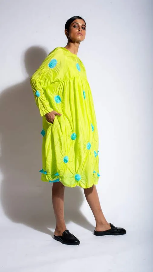 Studio Medium   I   Silk Tie-Dye Polka Dress Lime Acqua