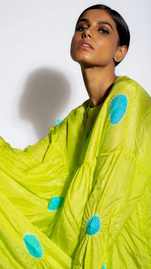 Studio Medium   I   Silk Tie-Dye Polka Dress Lime Acqua