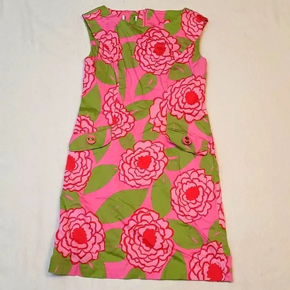 Talbots dress sheath floral pink green sleeveless 100% cotton