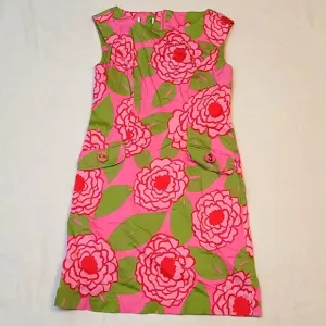 Talbots dress sheath floral pink green sleeveless 100% cotton