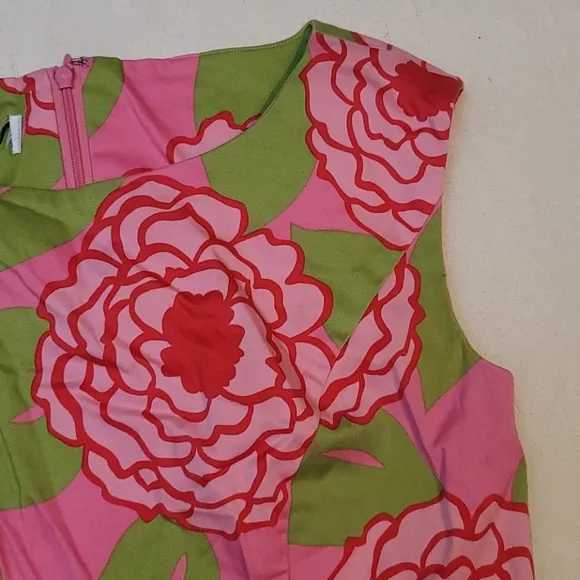 Talbots dress sheath floral pink green sleeveless 100% cotton