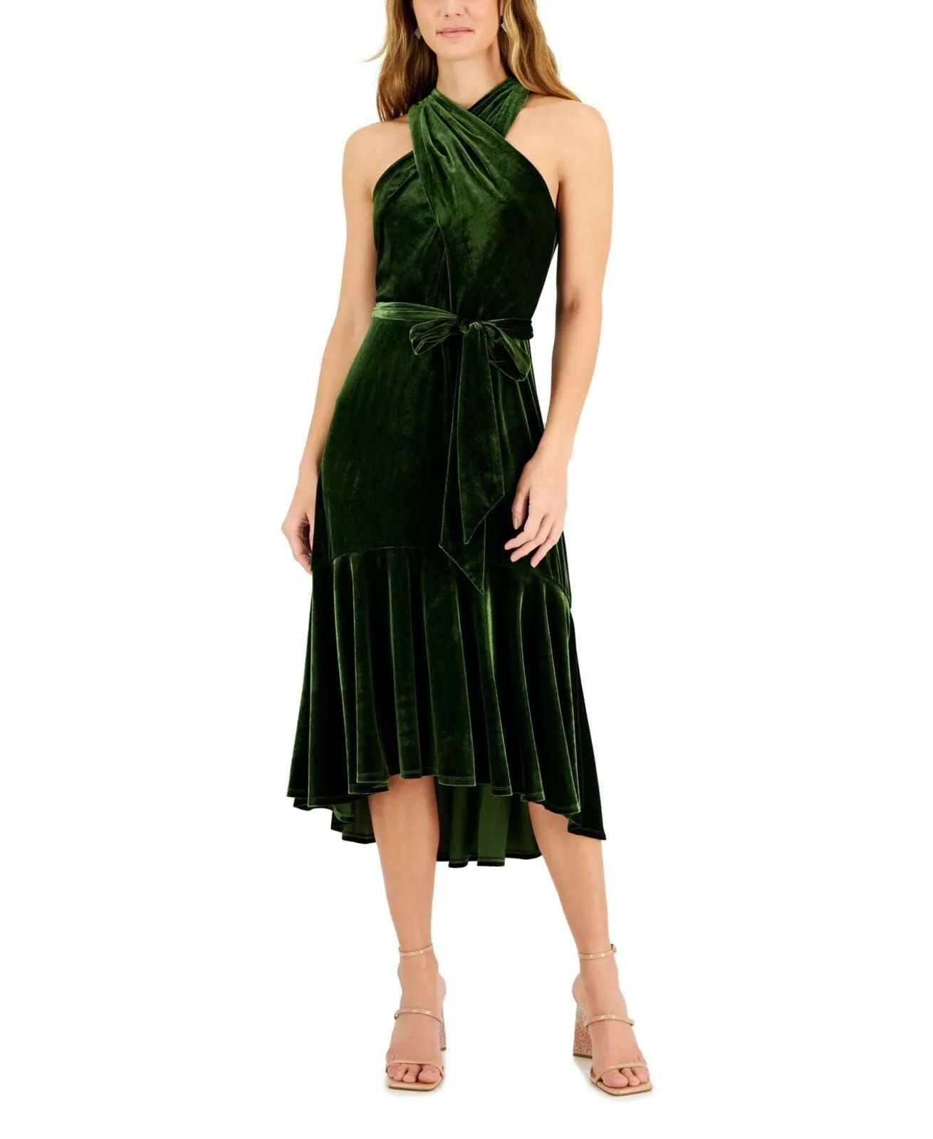 Taylor Women's Velvet Belted Flounce-Hem Halter Dress 3038M Olive Green 8