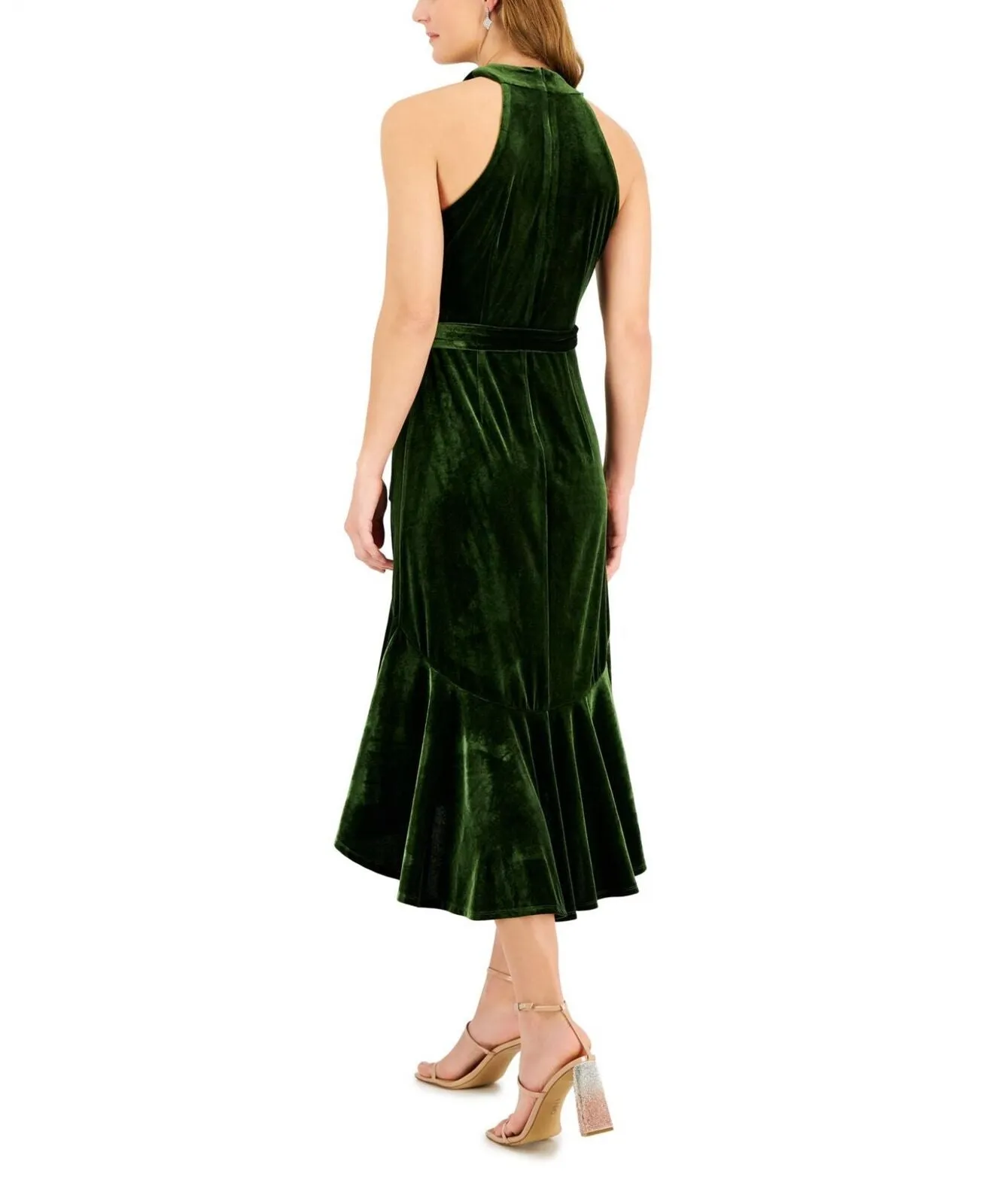 Taylor Women's Velvet Belted Flounce-Hem Halter Dress 3038M Olive Green 8