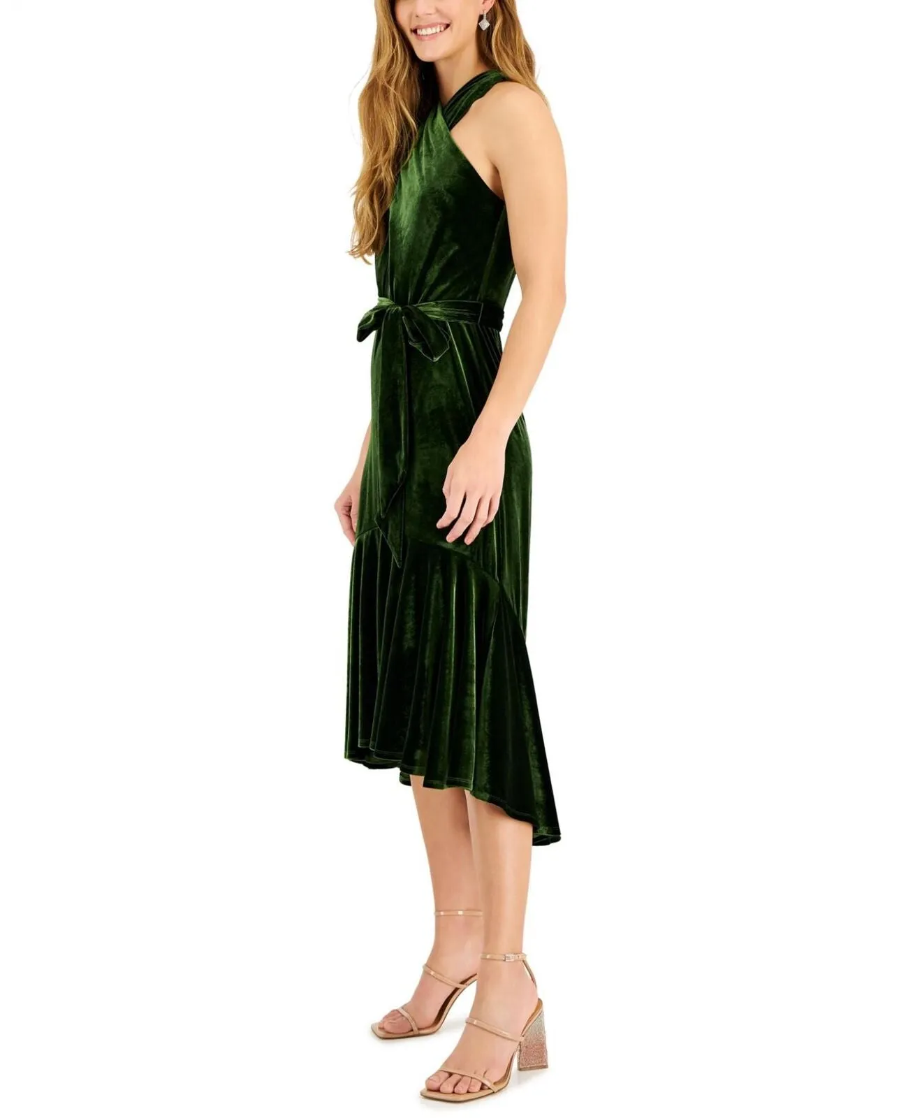 Taylor Women's Velvet Belted Flounce-Hem Halter Dress 3038M Olive Green 8