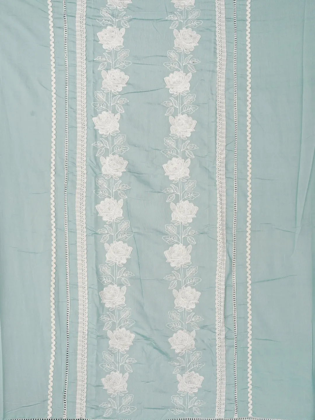 Teal Blue Unstitched Floral Embroidery Silk Blend Dress Material with Dupatta