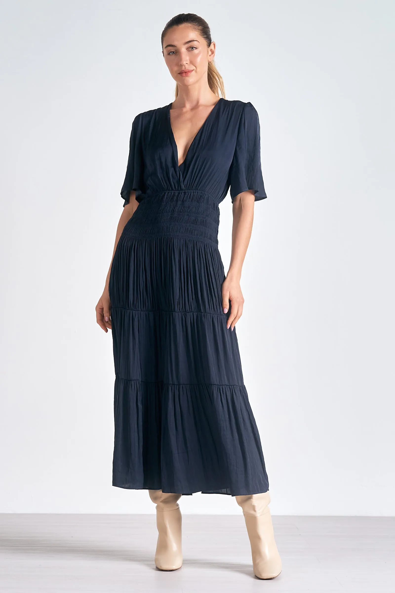 The Laurine Short Sleeve Satin Maxi Dress