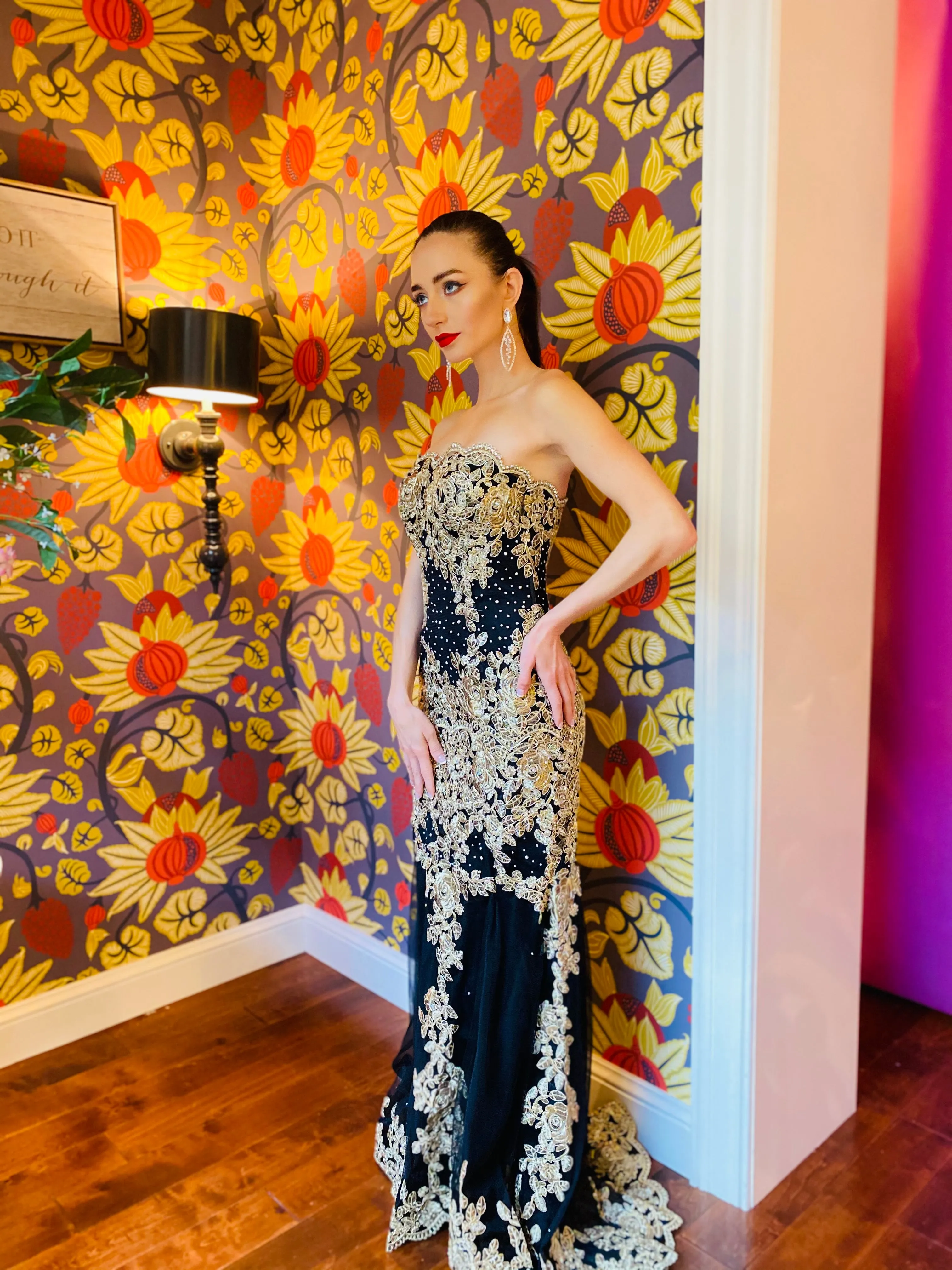 The "Sadie" Strapless Black & Gold Gown