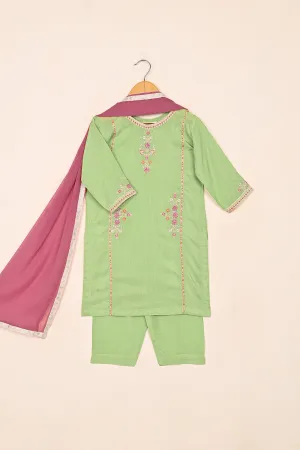 TKF-238-Pista - Kids 3Pc Ready to Wear Raw Silk Embroidered Dress