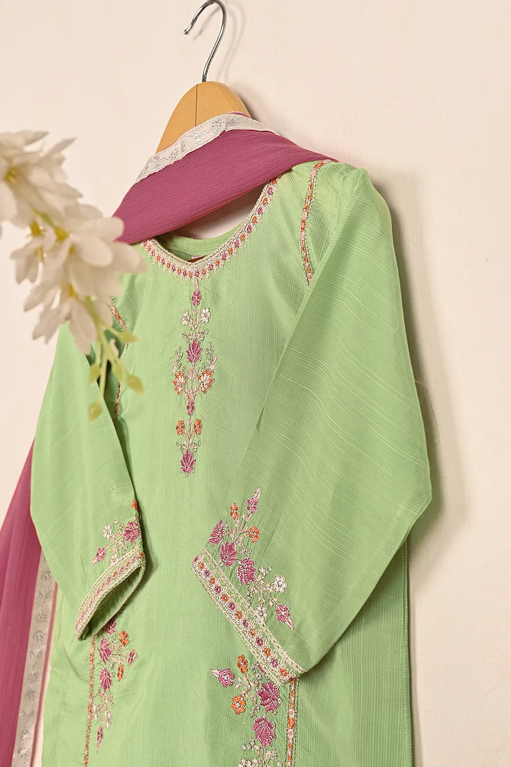 TKF-238-Pista - Kids 3Pc Ready to Wear Raw Silk Embroidered Dress