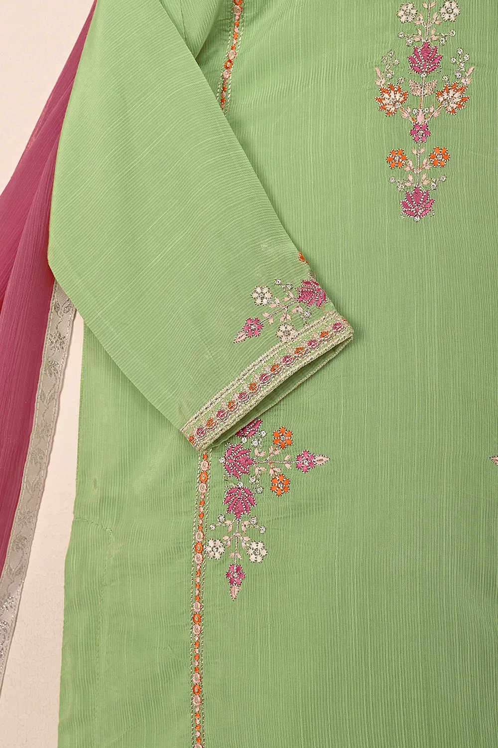 TKF-238-Pista - Kids 3Pc Ready to Wear Raw Silk Embroidered Dress