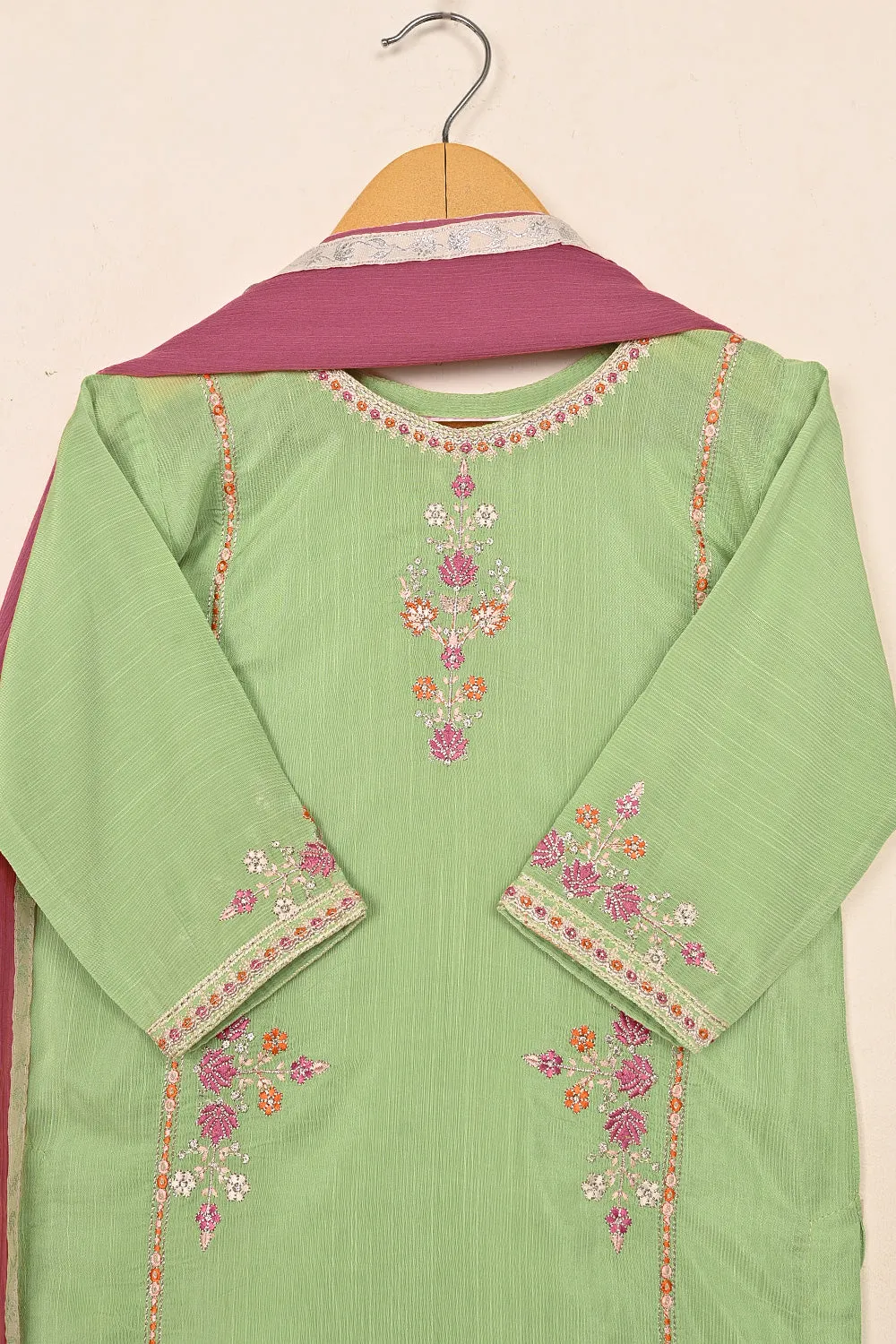 TKF-238-Pista - Kids 3Pc Ready to Wear Raw Silk Embroidered Dress