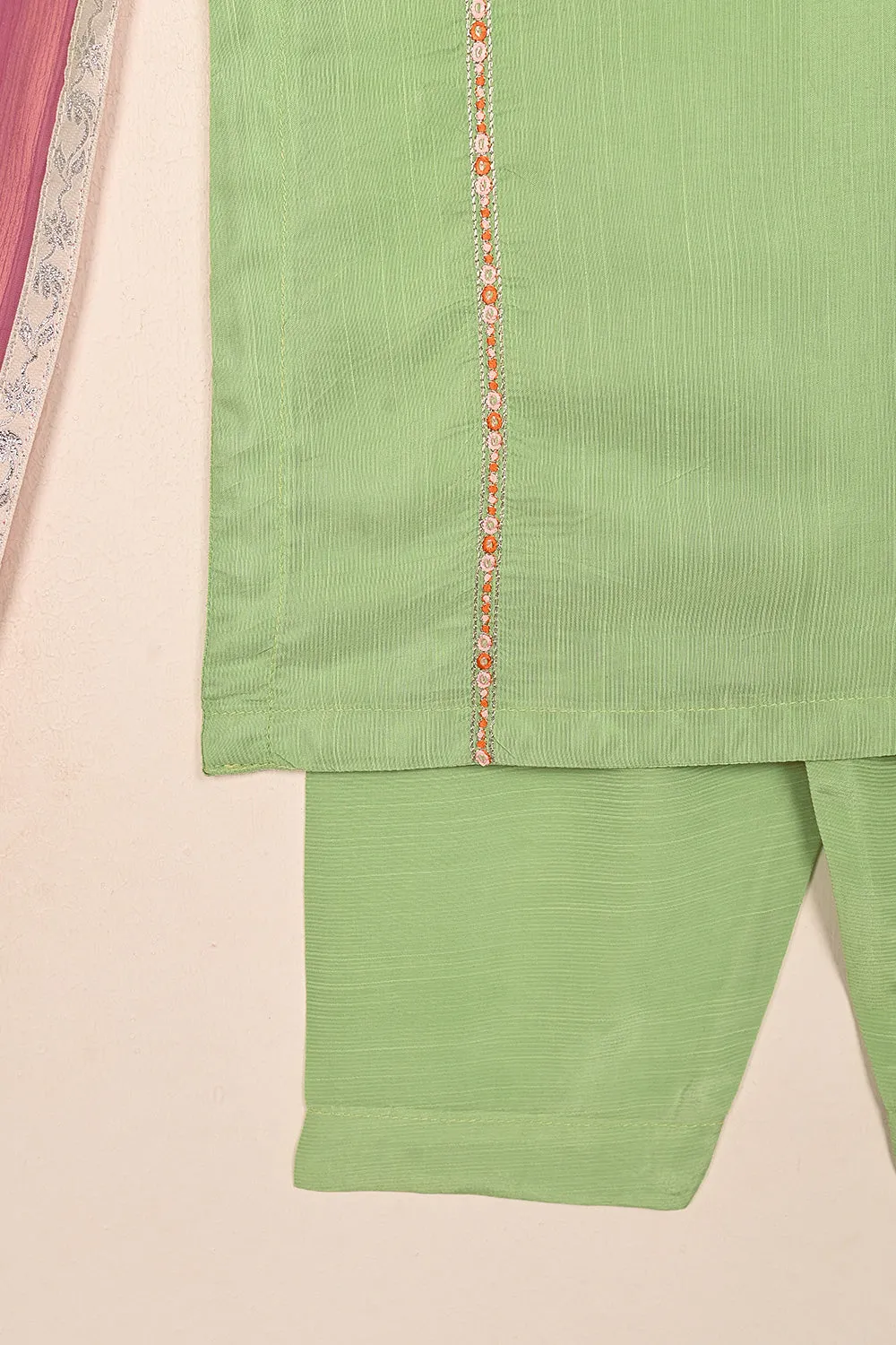 TKF-238-Pista - Kids 3Pc Ready to Wear Raw Silk Embroidered Dress