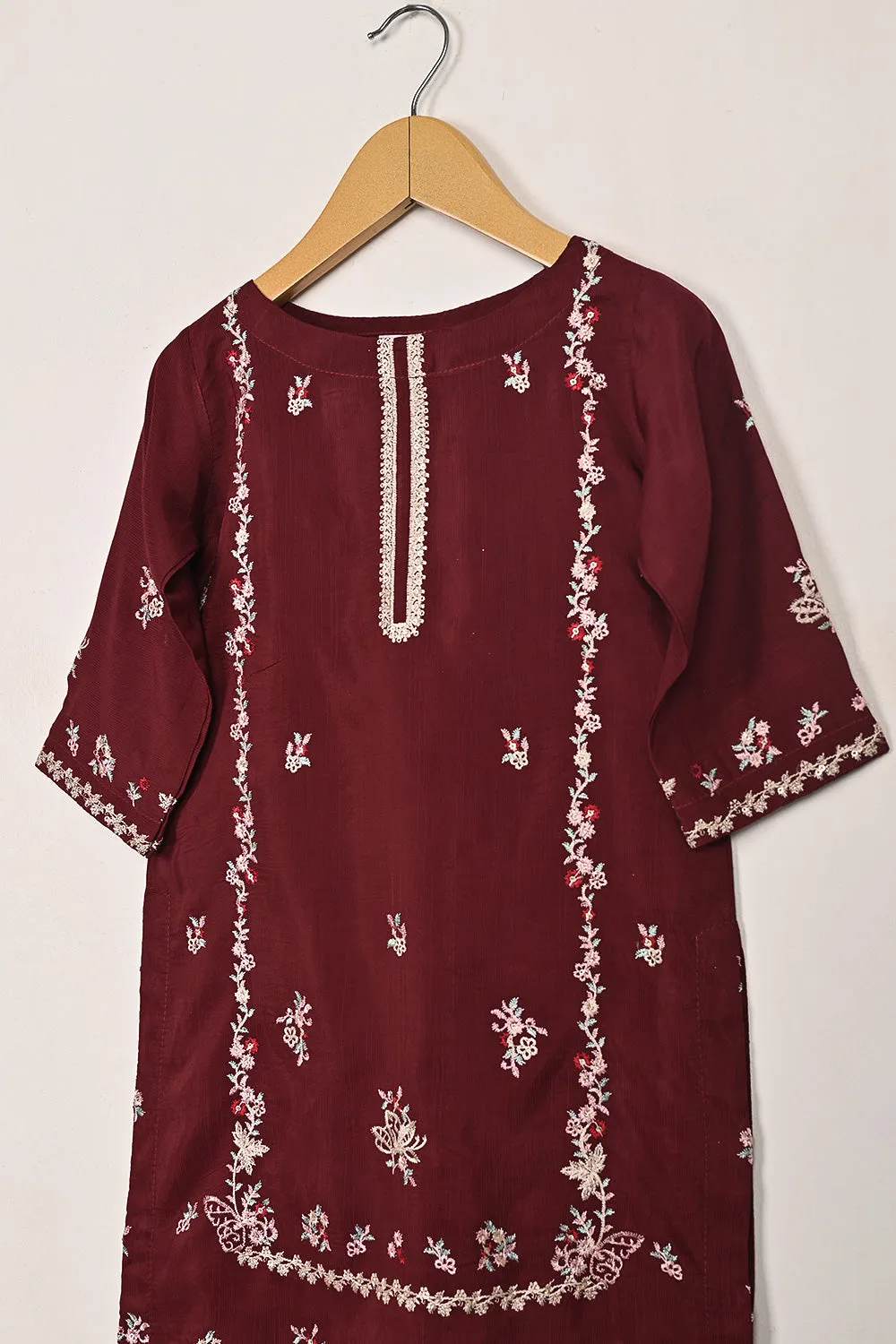 TKF-264-Maroon - Kids 3Pc Ready to Wear Raw Silk Embroidered Dress