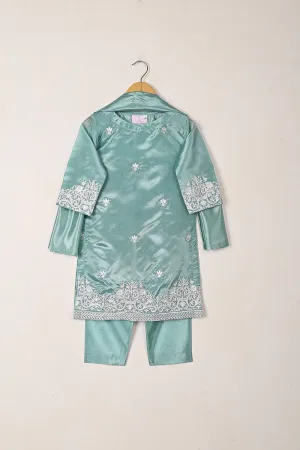 TKF-273-Cyan - Kids 3Pc Ready to Wear Silk Embroidered Dress