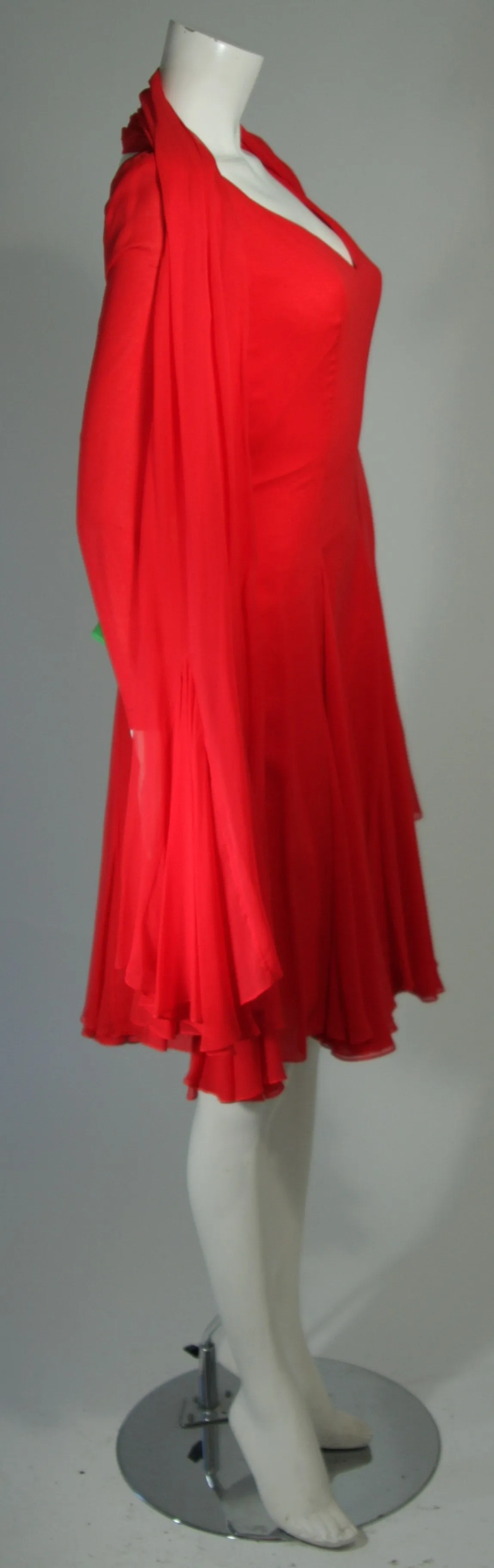 TRAVILLA Red Silk Chiffon Godet Dress with Shawl Size Small Medium