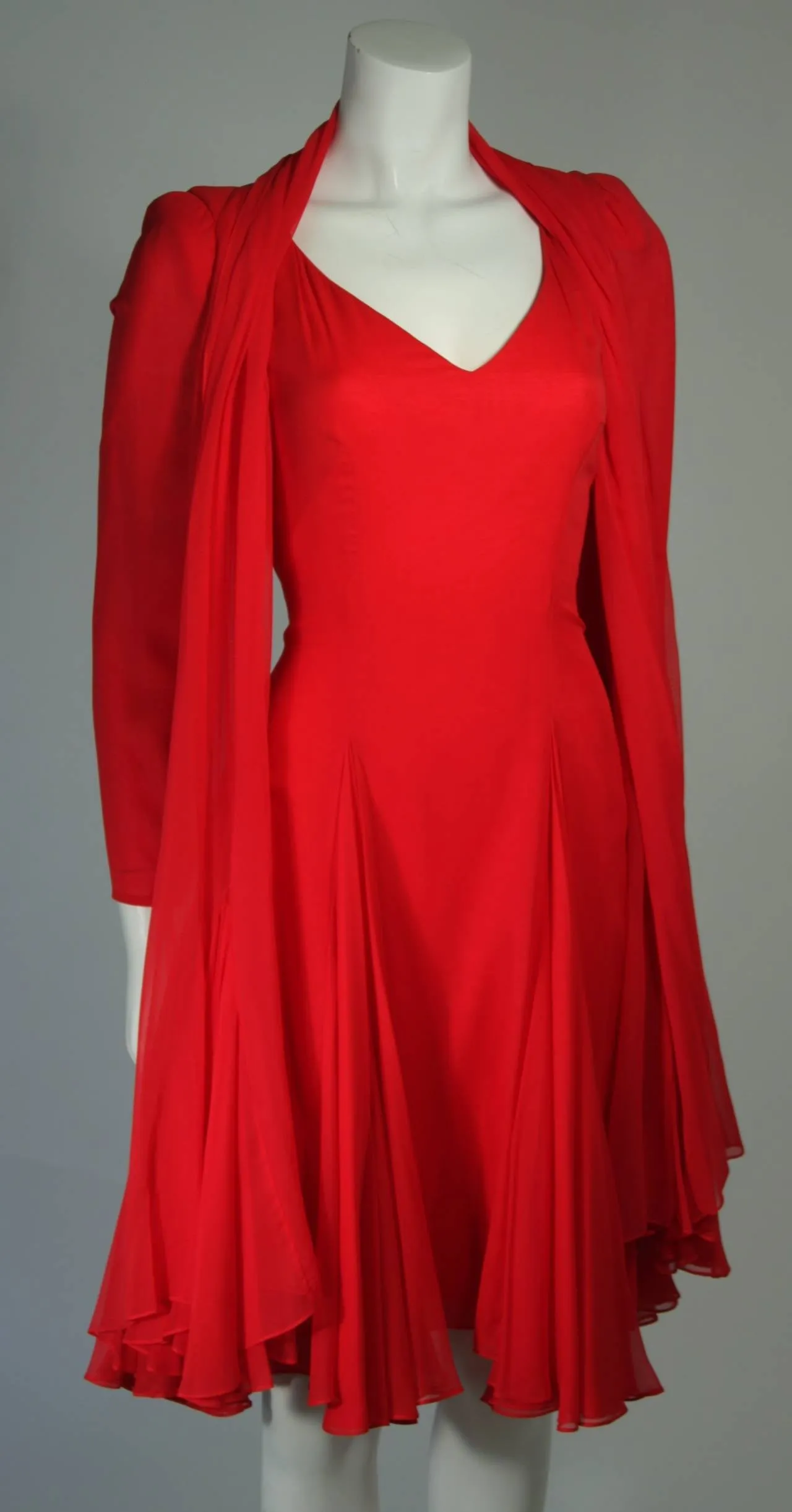 TRAVILLA Red Silk Chiffon Godet Dress with Shawl Size Small Medium