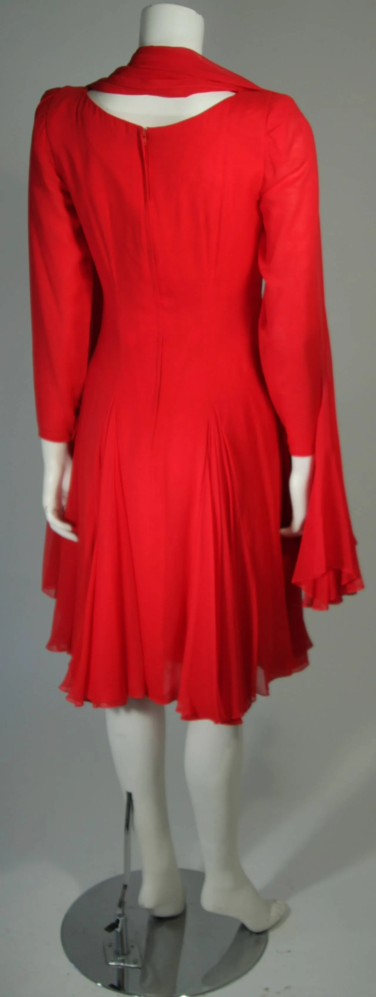 TRAVILLA Red Silk Chiffon Godet Dress with Shawl Size Small Medium