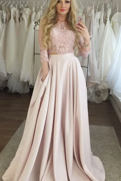 Two Piece Crew 3/4 Sleeves Floor-Length Pink Prom Dress with Lace Pockets LPD080