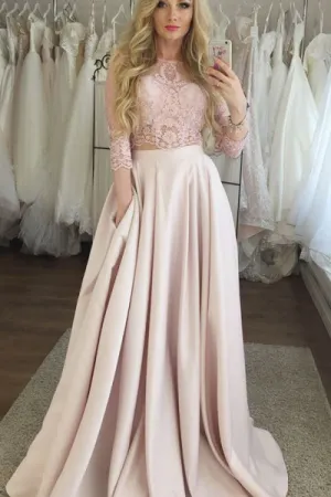Two Piece Crew 3/4 Sleeves Floor-Length Pink Prom Dress with Lace Pockets LPD080