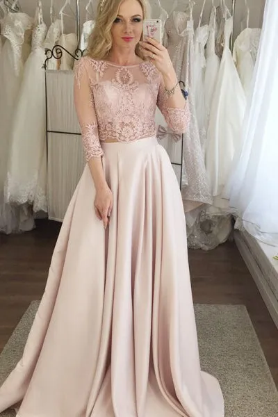 Two Piece Crew 3/4 Sleeves Floor-Length Pink Prom Dress with Lace Pockets LPD080