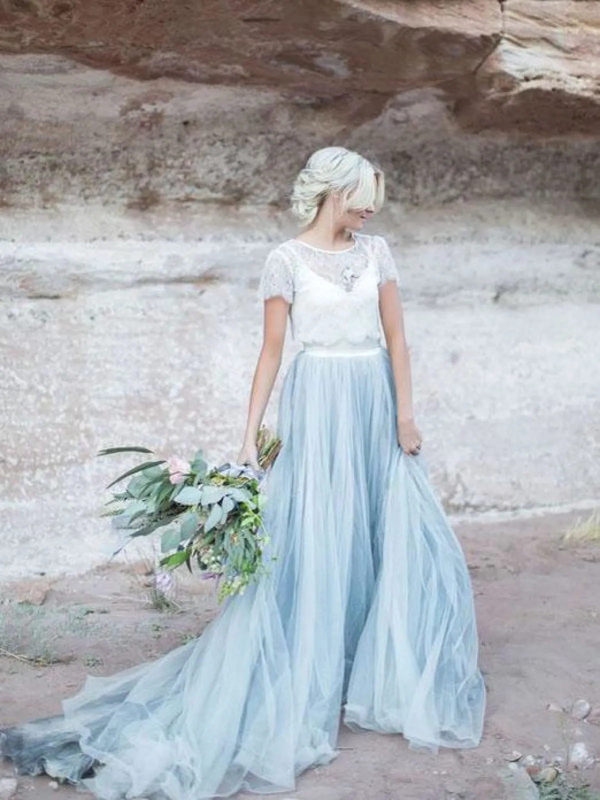 Two Piece Ivory Lace Dusty Blue Tulle Short Sleeves Wedding Party Dress