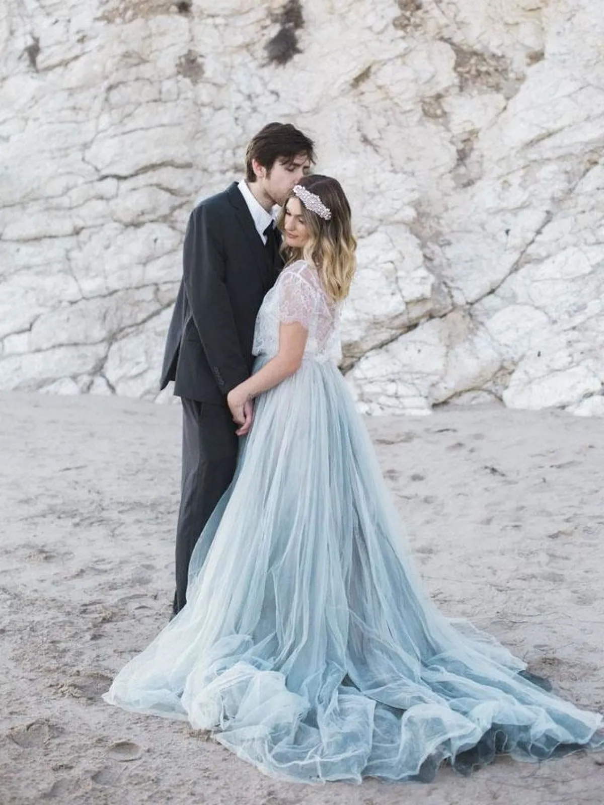 Two Piece Ivory Lace Dusty Blue Tulle Short Sleeves Wedding Party Dress