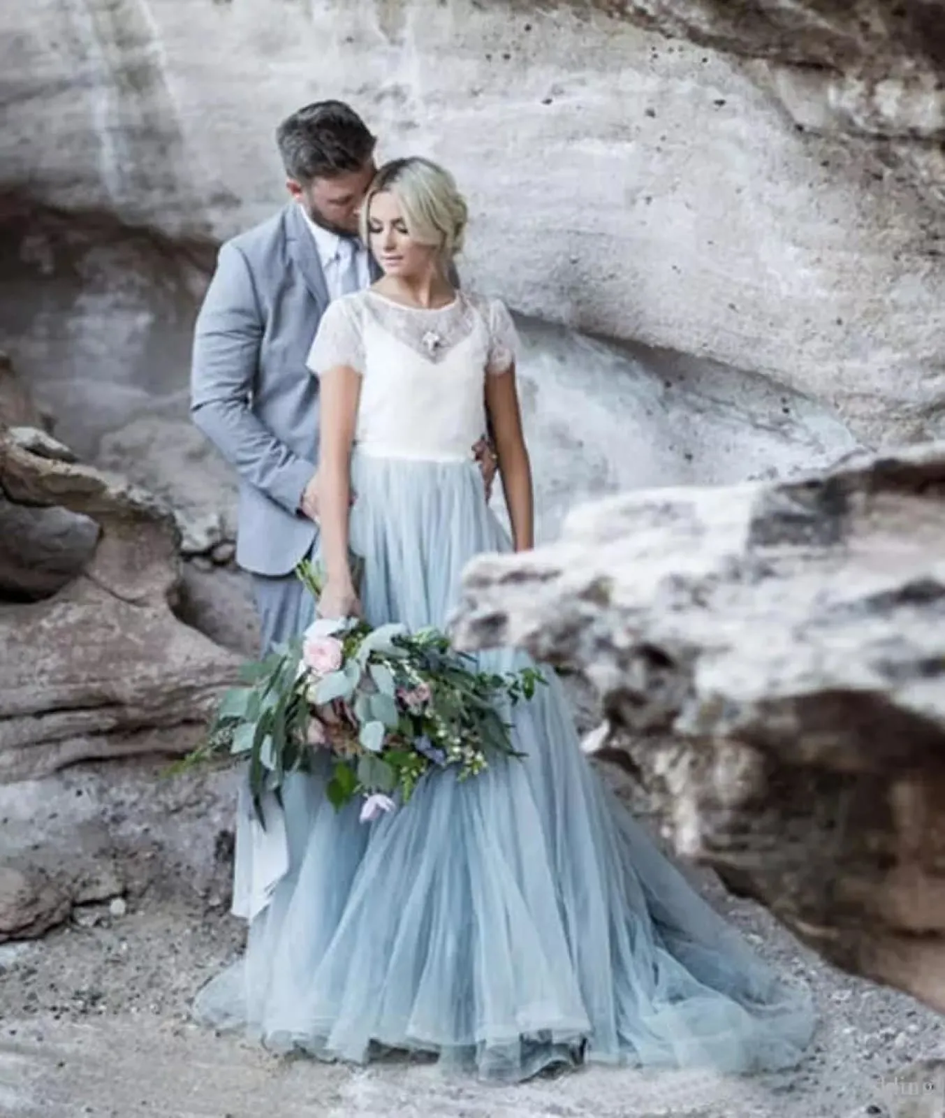 Two Piece Ivory Lace Dusty Blue Tulle Short Sleeves Wedding Party Dress
