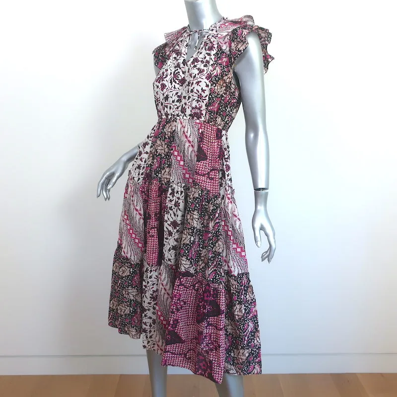 Ulla Johnson Asis Midi Dress Fuchsia/White Mixed Print Cotton-Silk Size 0
