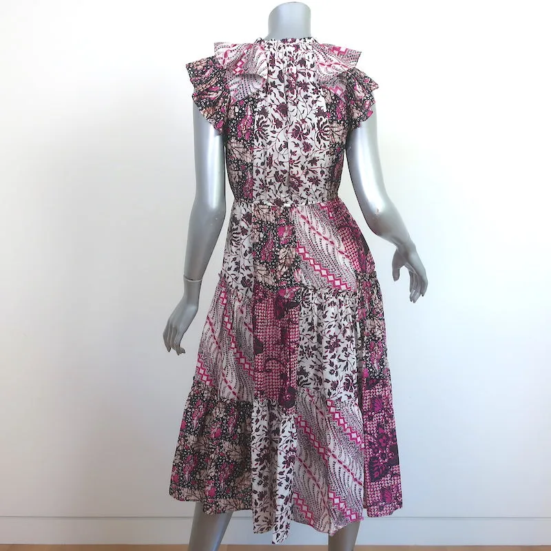 Ulla Johnson Asis Midi Dress Fuchsia/White Mixed Print Cotton-Silk Size 0