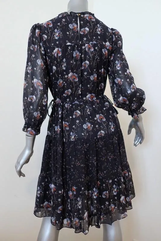 Ulla Johnson Dress Skye Navy Tiered Floral Print Silk Size 0 Tassel Drawstring