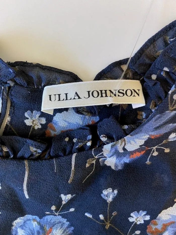 Ulla Johnson Dress Skye Navy Tiered Floral Print Silk Size 0 Tassel Drawstring