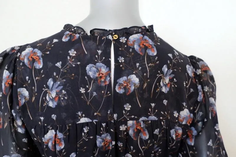 Ulla Johnson Dress Skye Navy Tiered Floral Print Silk Size 0 Tassel Drawstring