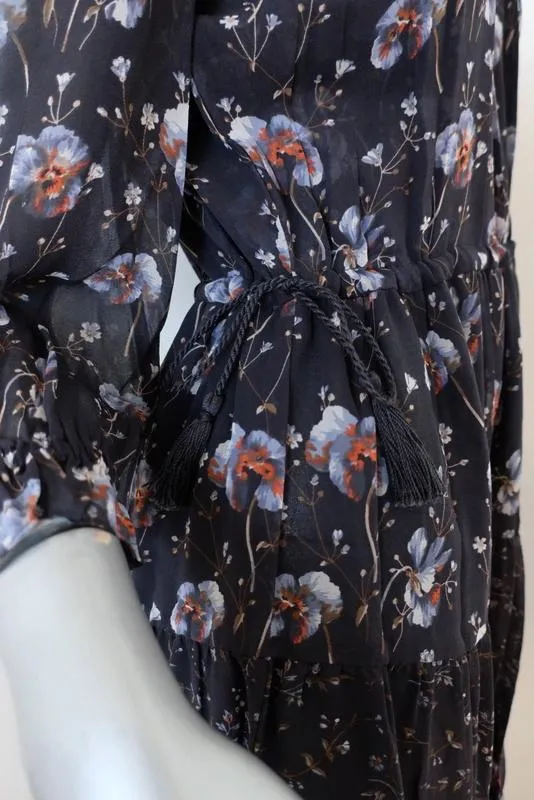 Ulla Johnson Dress Skye Navy Tiered Floral Print Silk Size 0 Tassel Drawstring