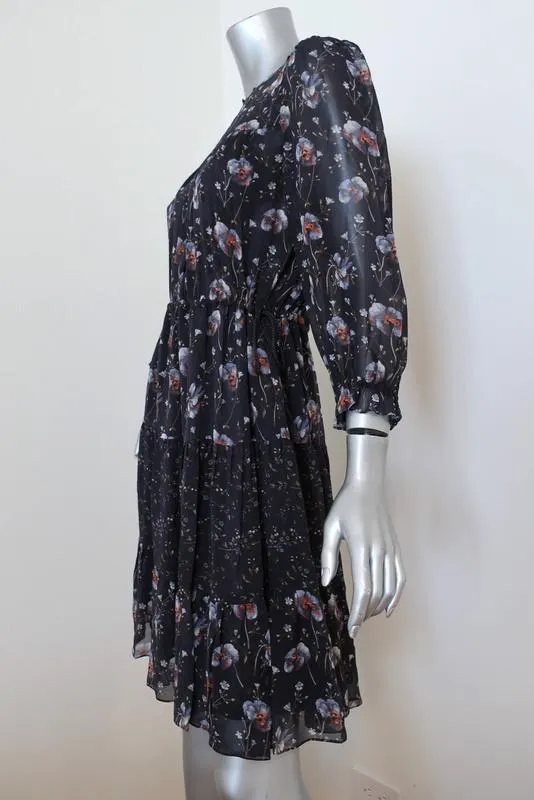 Ulla Johnson Dress Skye Navy Tiered Floral Print Silk Size 0 Tassel Drawstring