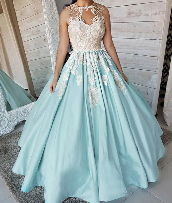 Unique satin lace applique long prom dress, blue evening dress